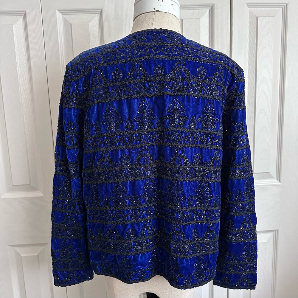 Papell Boutique Evening Jacket Blue Velvet Black Beading XL - Picture 3 of 7